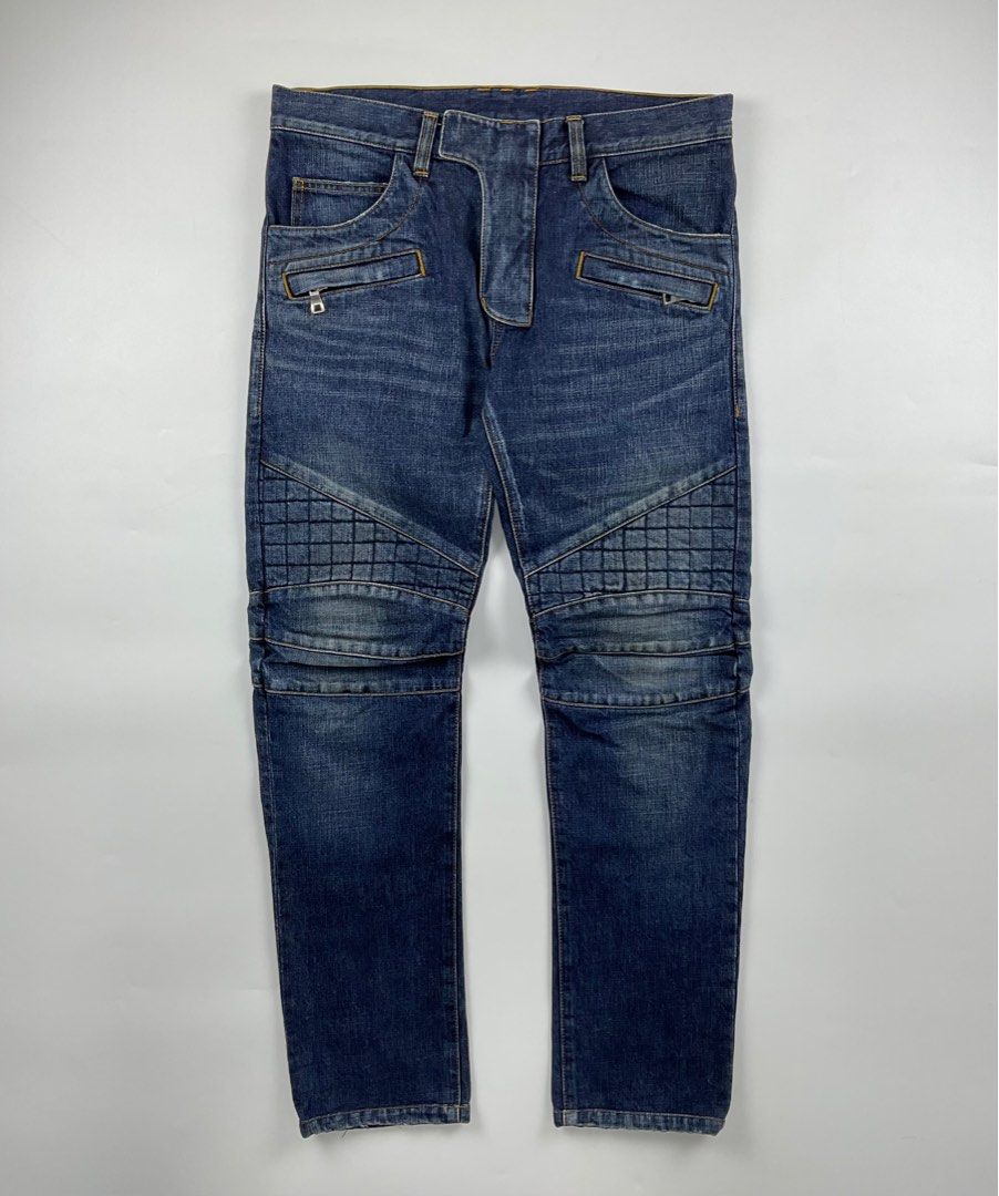 Balmain Biker Pants (Category: Jeans) located in Paranaque City. Submitted by _baclarancartel (Listing ID 1294282988, Image 1). Description: Balmain Biker Pants Sz 30 fits 32-34 Check measurements 9/10 Condition Waist: 17 Inseam: 29.5 Leg Opening: 6.5 Front Rise: 10 Thigh: 11 Knee: 8.5.