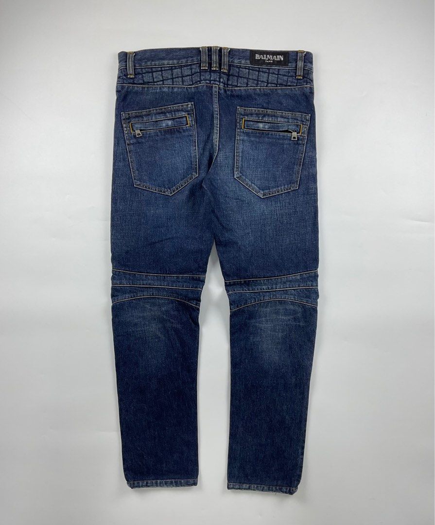 Balmain Biker Pants (Category: Jeans) located in Paranaque City. Submitted by _baclarancartel (Listing ID 1294282988, Image 2). Description: Balmain Biker Pants Sz 30 fits 32-34 Check measurements 9/10 Condition Waist: 17 Inseam: 29.5 Leg Opening: 6.5 Front Rise: 10 Thigh: 11 Knee: 8.5.