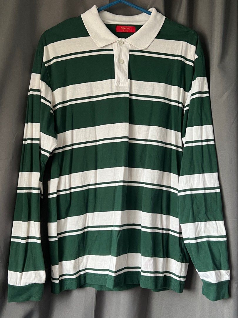 BENCH Original Men s Long Sleeve Polo Shirt in GREEN WHITE Men s Fashion Tops Sets Tshirts Polo Shirts on Carousell