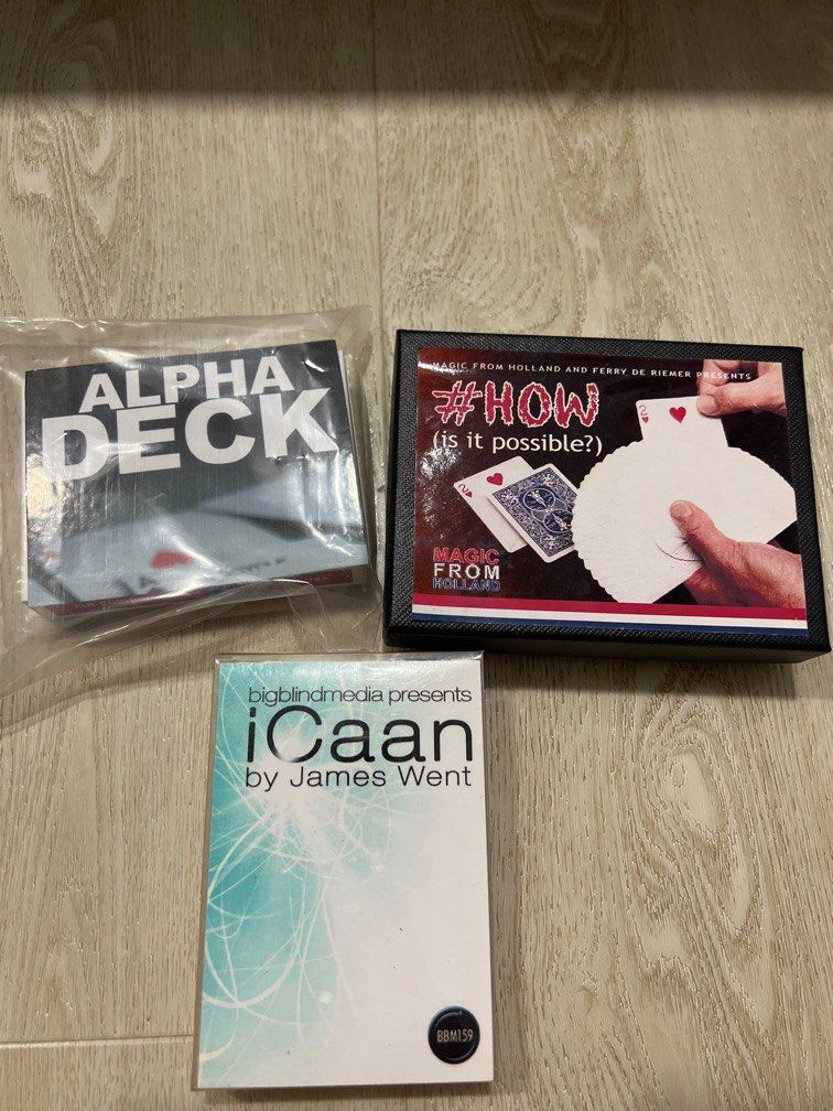 Card tricks bundle (Category: Interactive Toys) located in Singapore. Submitted by magictrickssg (Listing ID 1294437583, Image 1). Description: Alpha deck - Richard sanders ( $30 ) #HOW is it possible - magic from holland ($16) ICaan - James went ( $20 ) All 3 for $50 Comes with online instructions and red bicycle deck gimmicks .