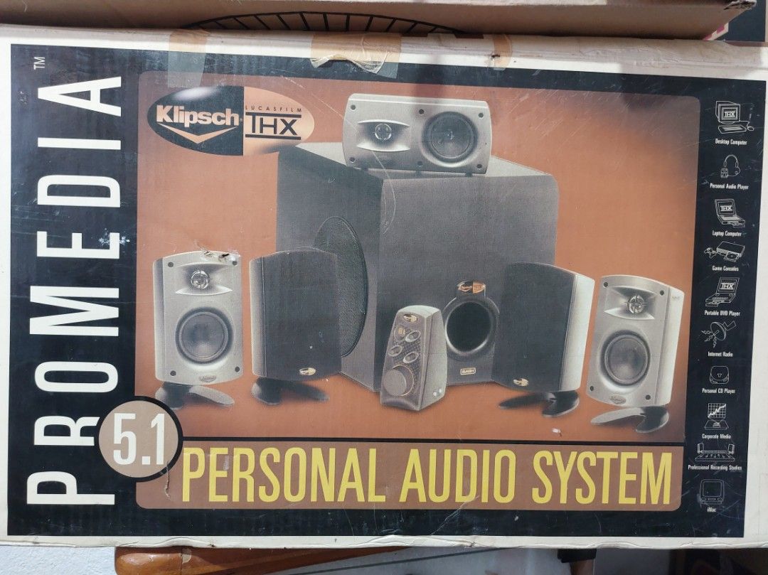 SOLD - Klipsch Promedia 5.1 THX (Category: Soundbars, Speakers & Amplifiers) located in Manila. Submitted by mjolnir10104532 (Listing ID 1294293838, Image 1). Description: Klipsch Promedia 5.1 Personal Audio System Lucasfilm THX Certified 500 Watts RMS Complete set (4 satellite speakers, 1 center speaker, 1 subwoofer/amplifier) with box and wirings Very good and loud sound Used only for personal dj mixing hobby Still negotiable for sure buyers RF