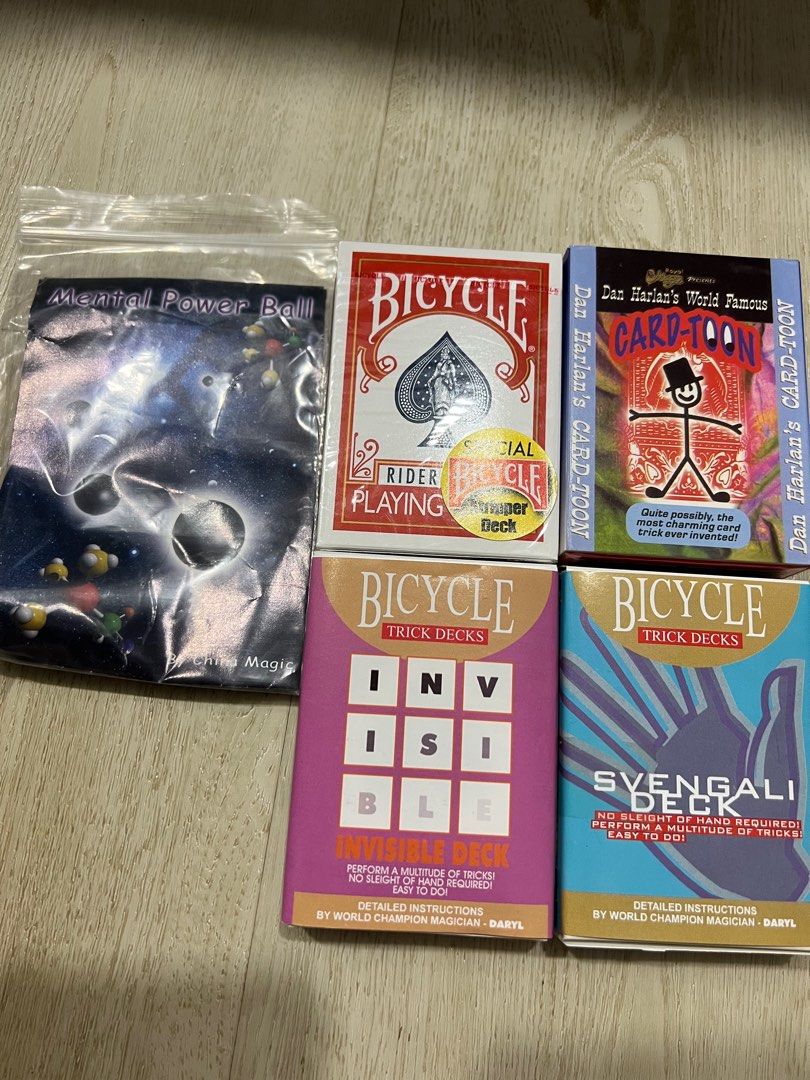Magic trick bundle set (Category: Interactive Toys) located in Singapore. Submitted by magictrickssg (Listing ID 1294437373, Image 1). Description: 1x mental power hall 1x stripper deck ( blue / red ) 1x invisible deck ( black / green ) 1x Svengali deck ( blue / red ) 1x cartoon deck All for $50 Deal at Kallang mrt or mail ( $1.50) .