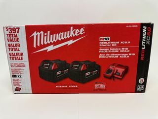 Milwaukee 4859-1852B M18 REDLITHIUM XC 5.0 Battery 2pk  and Charger Starter Kit, Fuel gauge onboard: Displays remaining run-time,  Best-in-Class Construction:Offers long-lasting performance and durability, Brand New in box.