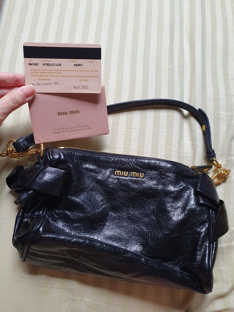 miu miu black leather lux bow pochette ribbon bag black