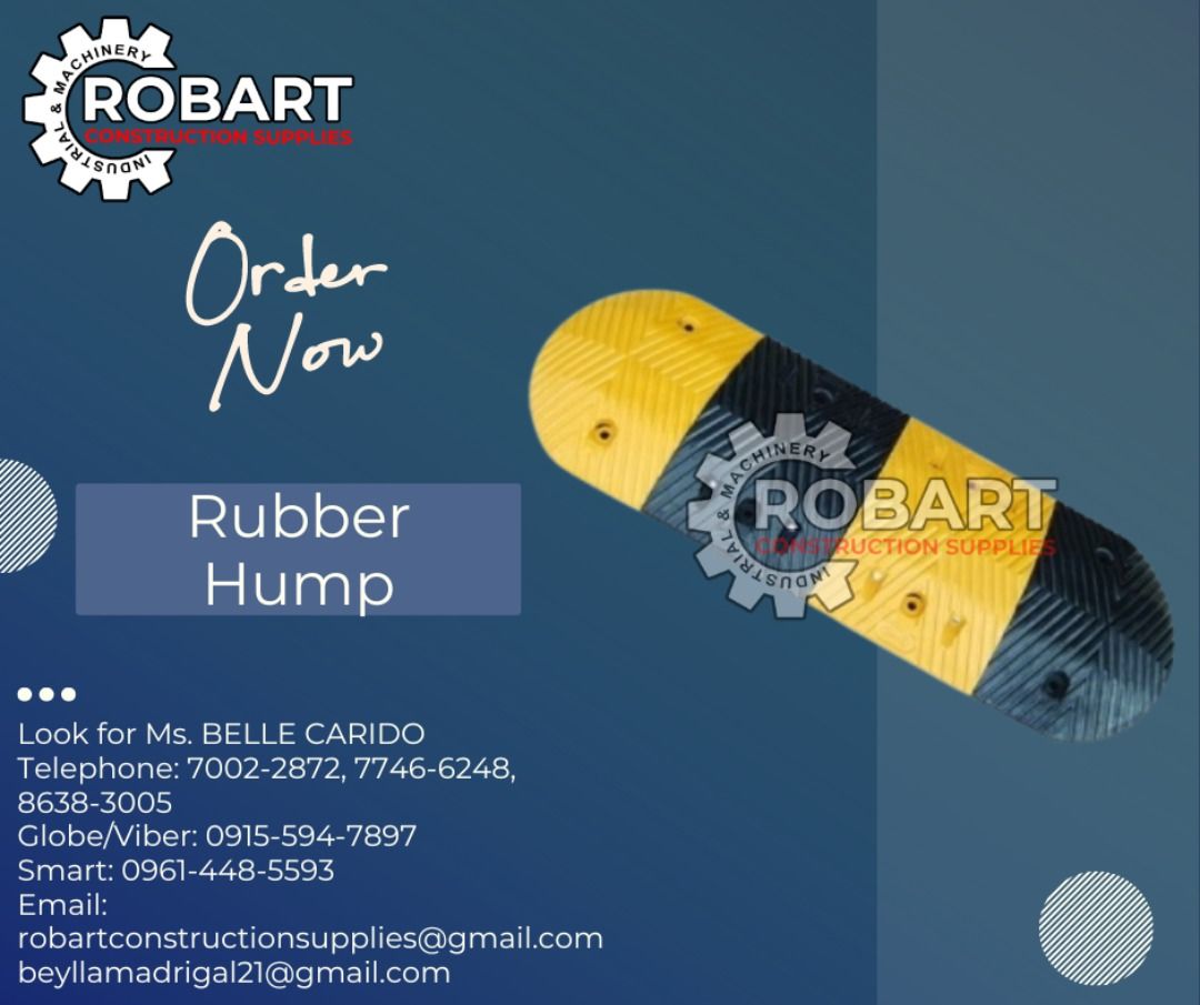 Rubber Hump (Category: Construction Tools & Equipment) located in Manila. Submitted by bellarobart (Listing ID 1294304989, Image 1). Description: Rubber Hump Size: 1.5m 𝑹𝑶𝑩𝑨𝑹𝑻 𝑪𝑶𝑵𝑺𝑻𝑹𝑼𝑪𝑻𝑰𝑶𝑵 𝑺𝑼𝑷𝑷𝑳𝑰𝑬𝑺 #RobartConstructionSupplies #robartph #constructionmaterials #industrialsupply Office Address: 1405 Yuseco St. Sta Cruz Manila SEND US MESSAGE FOR INQUIRIES ‼️‼️ 🔵100% Trusted Supplier 🔵Competitive Price 🔵𝑾𝒆 𝒂𝒓𝒆 𝑫𝑻𝑰