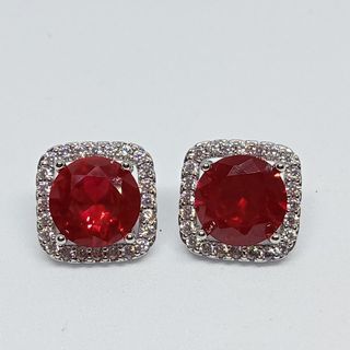 Ruby Princess Cut Earrings. 5 carats. 18K plated platinum. UV reactive stone.