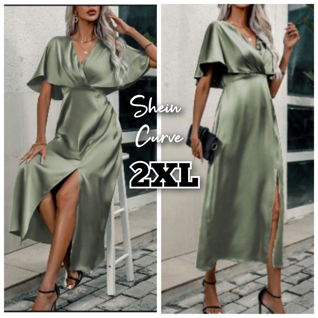 Shein Curve Plus size Satin Silk type Green Event Party Formal Dress,  Women's Fashion, Dresses & Sets, Dresses on Carousell