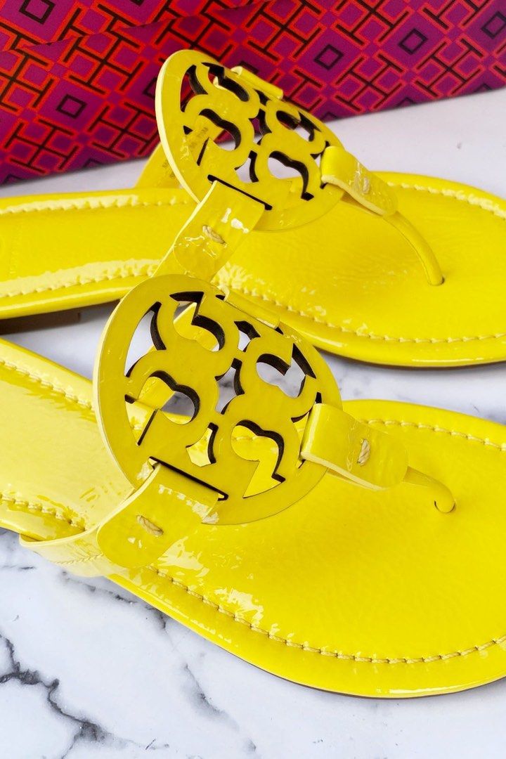 Tory Burch Miller Sandals Patent Leather Limone Yellow Women s Fashion Footwear Sandals on Carousell