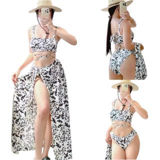 3 in 1 Three Piece Bikini Swimsuit with Wrap Cover Up Skirt