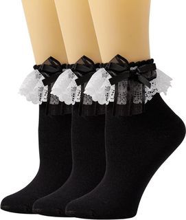 🤍 Semoholli Black and White Frilly Ribbon Socks Two Pairs 🖤