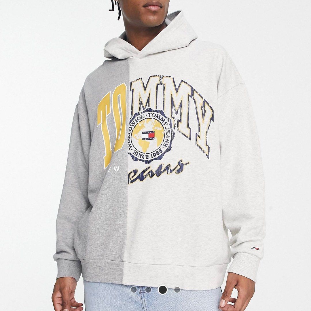 authentic tommy hilfiger jeans hoodie pullover sweater sweatshirt collegiate spliced print colorblock light heather grey white gray yellow men women