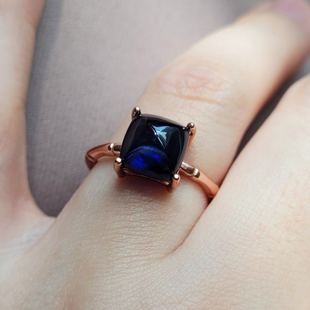 BN Royal Blue Sapphire Sugarloaf 925 Silver Ring in 18k Rose Gold Plating