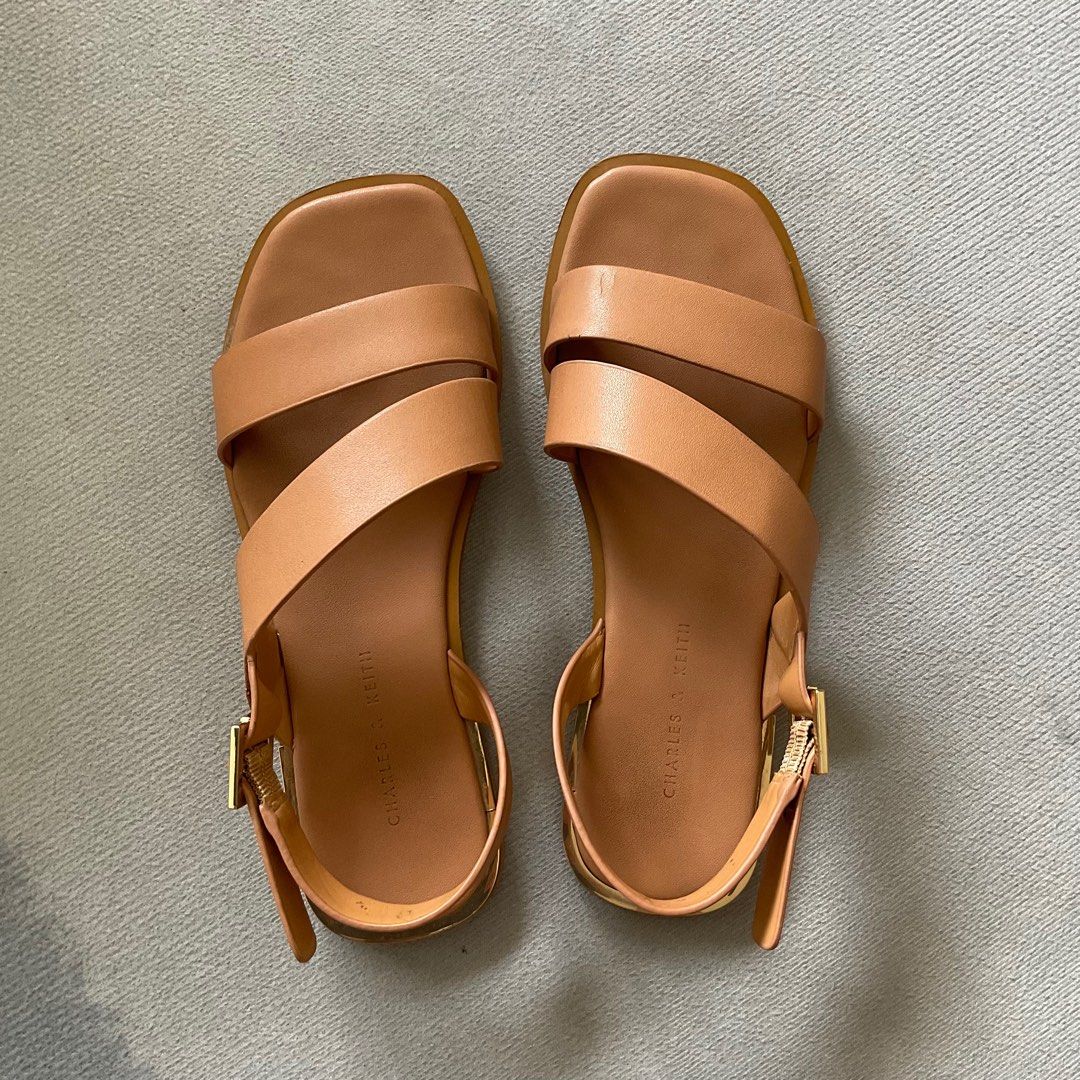 C K Asymmetric Strap Slingback Flats Caramel Women s Fashion Footwear Sandals on Carousell