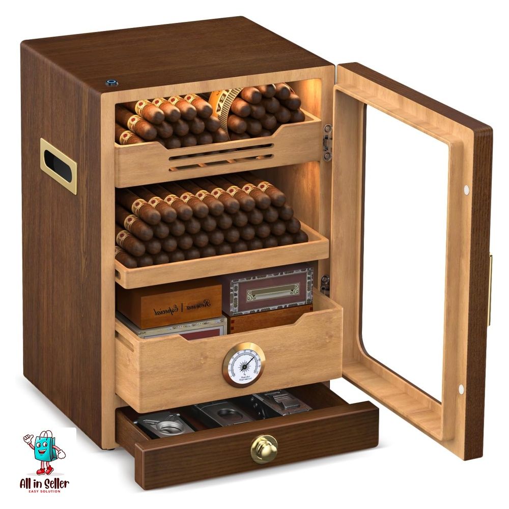 Spanish Cedar Wood Cigar Humidor Cabinet with Accessories Drawer, Precision Hygrometer and 2 Humidifiers