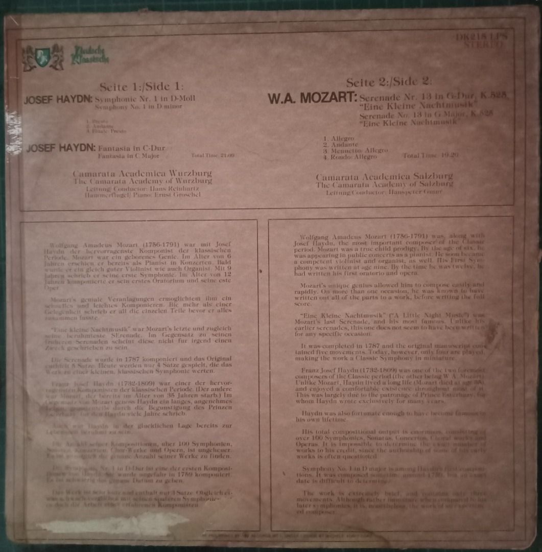 HAYDN & MOZART LP #116 (Category: Vinyls) located in Iloilo. Submitted by cdex.200300 (Listing ID 1294520310, Image 2). Description: Description: JOSEF HAYDN and WOLFGANG AMADEUS MOZART Long-Playing Album The two great classical composers with one of their best pieces. Remarks: • My Jazz/Classic collection from the 80s. • Inner sleeves are still intact. • The vinyl record is in good condition; surprisingly, you barely hear any noise. • No major s