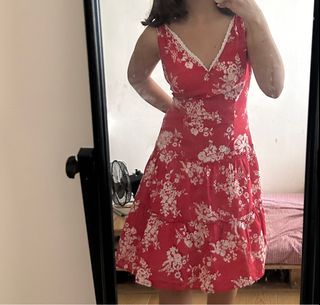 (medium) Y2k Vintage Red Flower Patterned Lacey Midi Dress