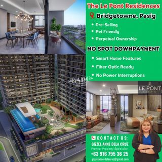 Pre-Selling Smarthome 3BR condo with balcony, maids room and parking slot for sale at The Le Pont Residences in Bridgetowne Pasig Near BGC
