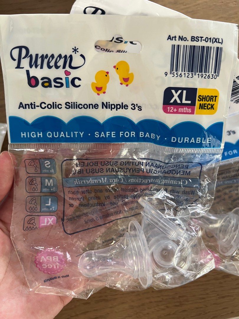 Pureen basic tests (Category: Breastfeeding & Bottle Feeding) located in Singapore. Submitted by celynth (Listing ID 1294504358, Image 1). Description: To bless Brand new Pureen basic teats, 3 teats per pack. Short neck XL size for 12 months + .