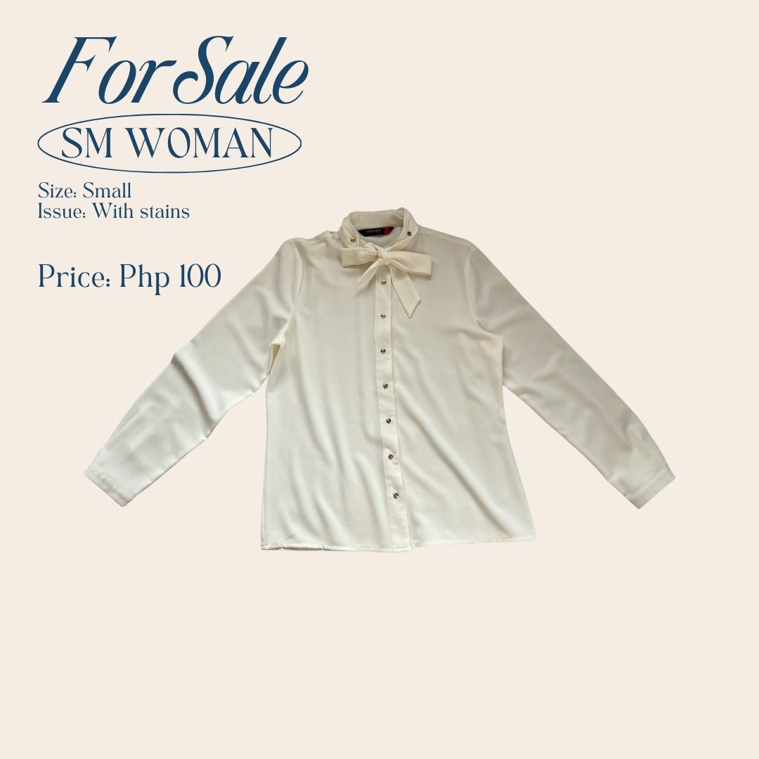 SM Woman Longsleeve Blouse (Category: Blouses) located in Abucay. Submitted by norriene (Listing ID 1294597143, Image 1). Description: SM Woman Longsleeve Blouse Small on tag Issue: Has stains RFS: Doesn't fit anymore Can't send when worn. I can send actual photos by request. MOP: Gcash / BDO / CIMB Bank MOD: J&T / JRS LOCATION: Bataan Disclaimer: I hereby declare that I do not own the rights of any of the brands listed. All rights belong to the 
