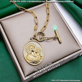 Stainless Steel "Our Lady of Perpetual Help" Medallion Toggle Necklace