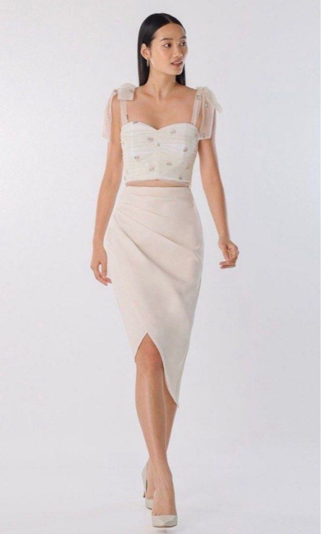 VENA WRAP SIDE RUCHED MIDI SKIRT (CREAM), Women's Fashion, Bottoms
