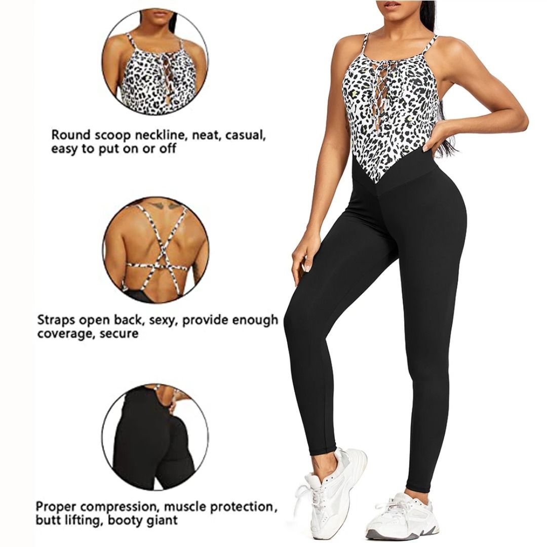 Women Yoga Backless Leopard Jumpsuit Workout Catsuit Bodysuit Sleeveless  Gym Bodycon Romper Sexy Sportswear Fitness