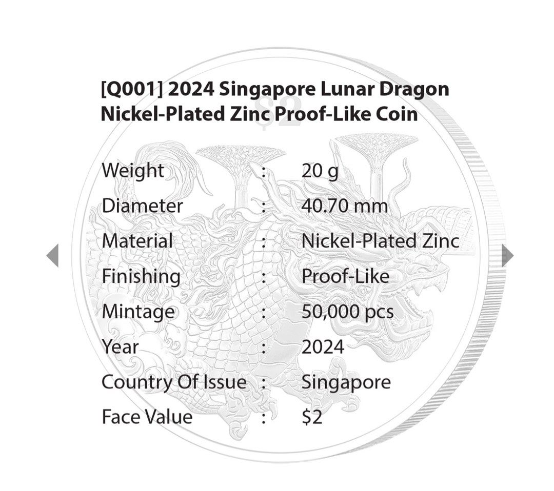 2024 Singapore Lunar Dragon NickelPlated Zinc ProofLike Coin, Hobbies