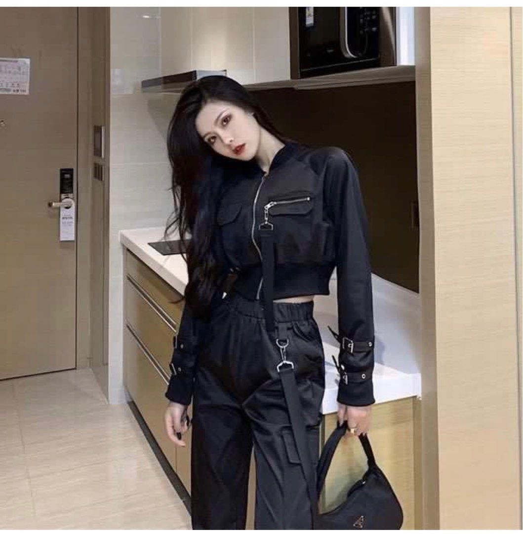 2 COLORS Stylenanda Utilitarian Cargo Silver Chain Bomber Jacket