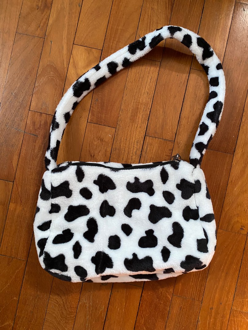 Furry cow print bag best sale