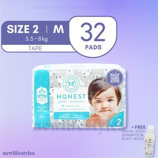HONEST 2 Medium Taped Classic Diaper 32 Pads+ FREE HONEST Baby Wipes or Travel Shampoo