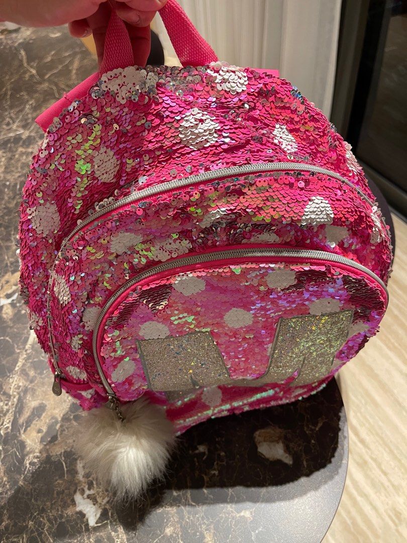 Justice Glittery pink backpack with M initial, Women's Fashion