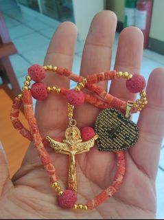 Made in Vatican Rome beautiful coral beads with heart engraved Our father prayer rosary
