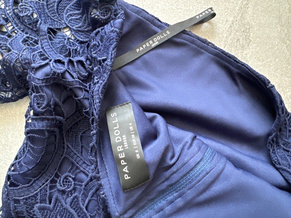 Paperdoll Crochet Lace Dress in Navy Blue, Women's Fashion