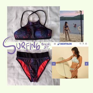 (Pre-Loved SET) Decathlon Surfing bikini top and bottom two piece padded cups halter criss-cross back cheeky violet blue pink resort summer beach activewear