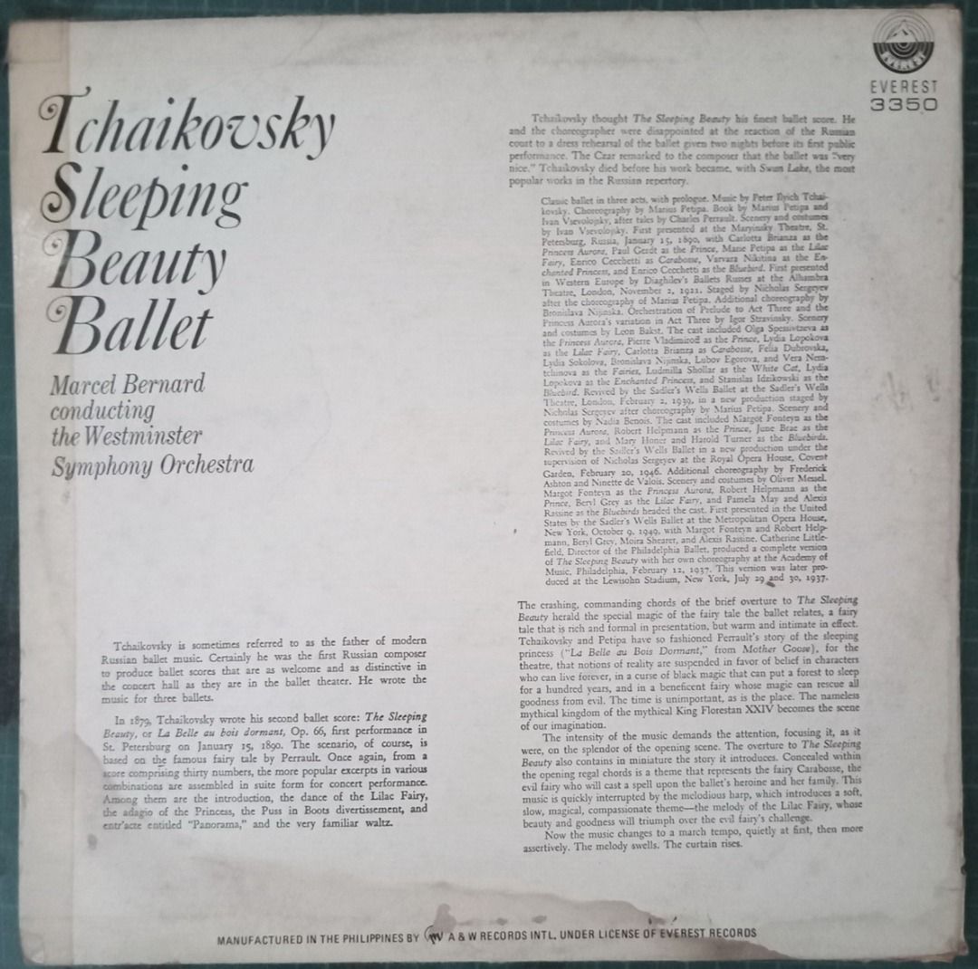 TCHAIKOVSKY, Sleeping Beauty Ballet LP #118 (Category: Vinyls) located in Iloilo. Submitted by cdex.200300 (Listing ID 1294679989, Image 2). Description: Description: PYOTR ILYICH TCHAIKOVSKY, “Sleeping Beauty Ballet” Long Playing Album. The music for The Sleeping Beauty is by one of the most famous of all Russian composers, Piotr Ilych Tchaikovsky. Although he wrote music for only three ballets, Swan Lake, The Sleeping Beauty, and The Nutcracker