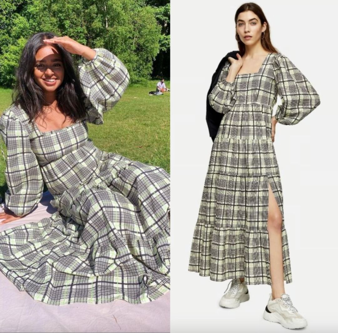 Topshop Check Plaid Tartan Tiered Midi Dress Sleeved Square neck Women s Fashion Dresses Sets Dresses on Carousell