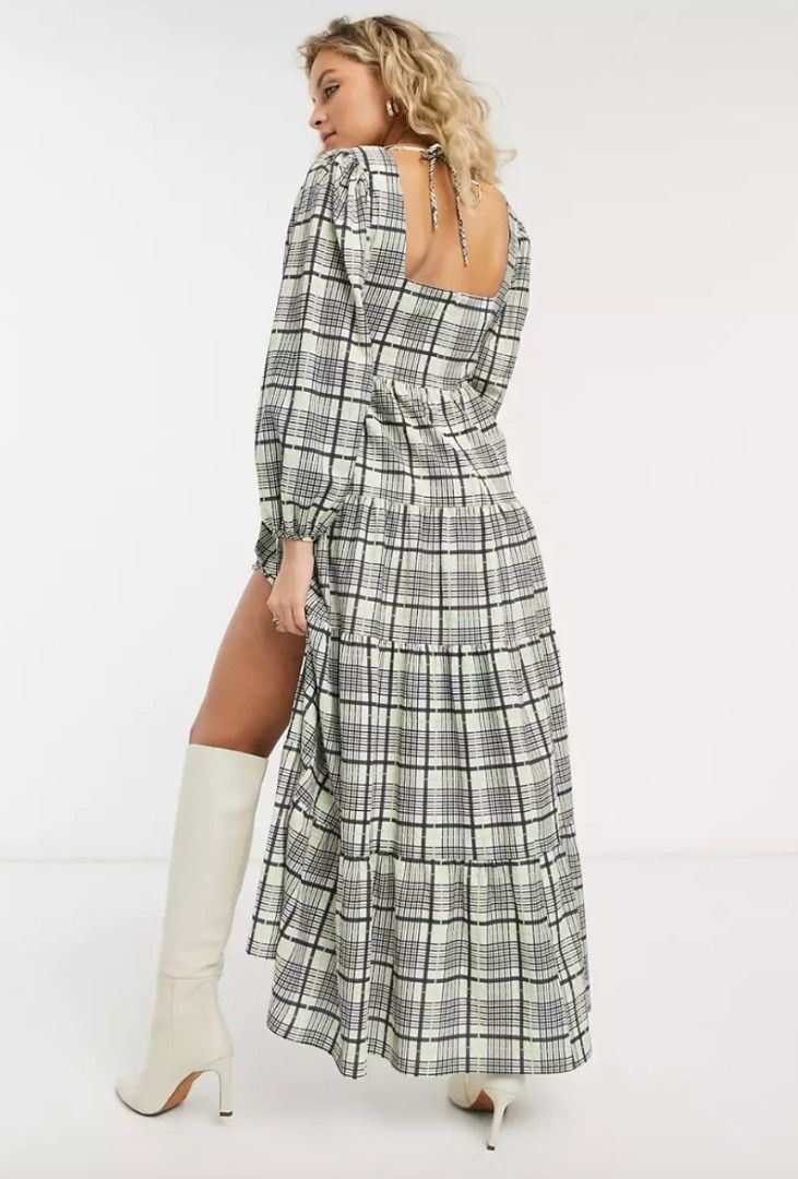Topshop Check Plaid Tartan Tiered Midi Dress Sleeved Square neck