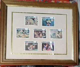 7pcs Grenada Christmas 1980 Snow White and the Seven Dwarves Stamp Set in Wooden Frame
