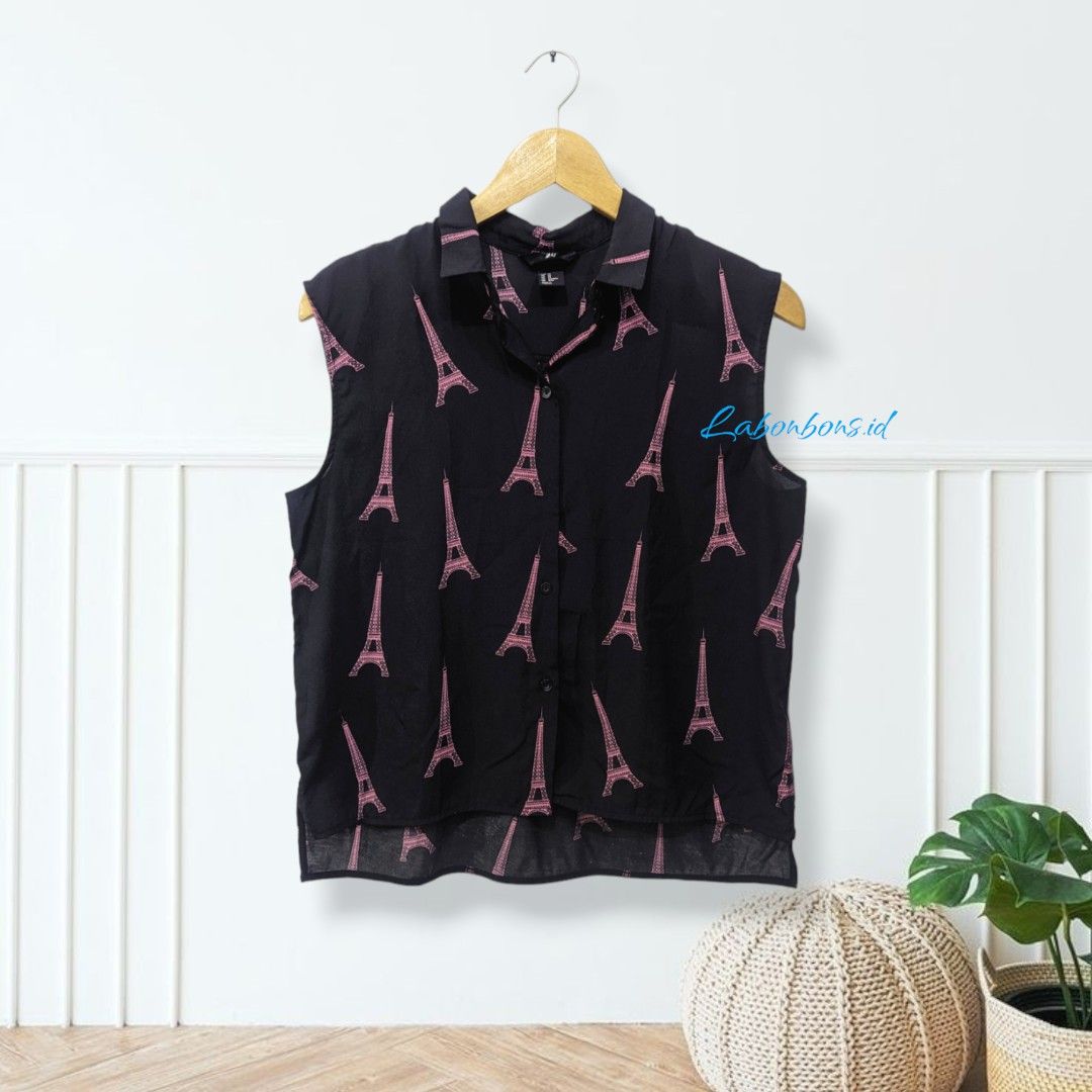 Blouse Kemeja Kutung H M Black Motif Korean Style Fesyen Wanita Pakaian Wanita Atasan di Carousell