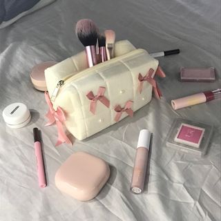 Cream Makeup Pouch with Pink Ribbons