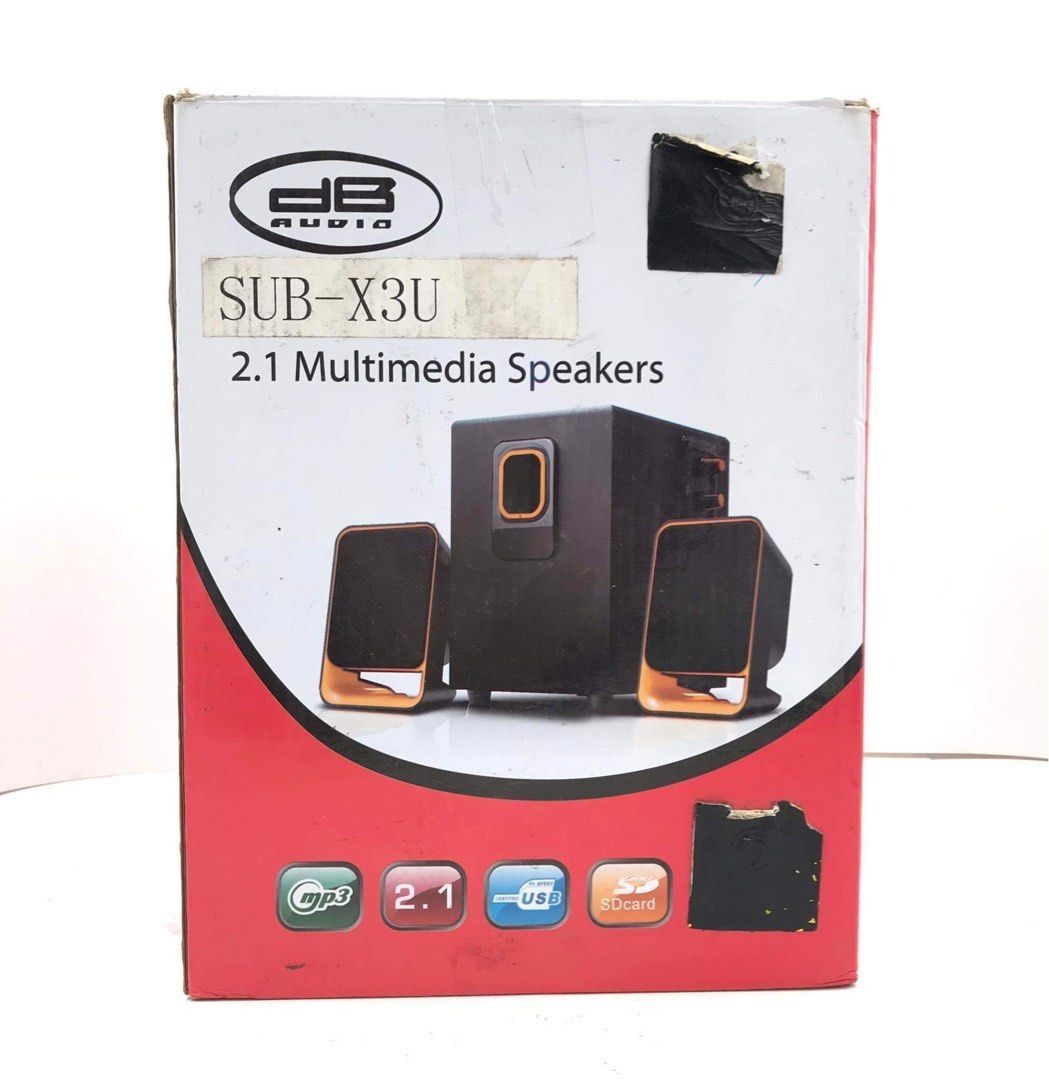 DB AUDIO SUB-X3U 2.1 Multimedia Speakers (Category: Soundbars, Speakers & Amplifiers) located in Pasay City. Submitted by meostore (Listing ID 1294848189, Image 1). Description: -Power Rating: 230V ~ 50/60Hz - 15 Watts -Unit Model: SUB-X3U -Function: Vol. USB/ SD -Driver unit woofer: 4 inches -Satellite: 3” x 2 -Freq. Response: 50Hz-18KHz -Ideal for home theater, music component setup for indoors.