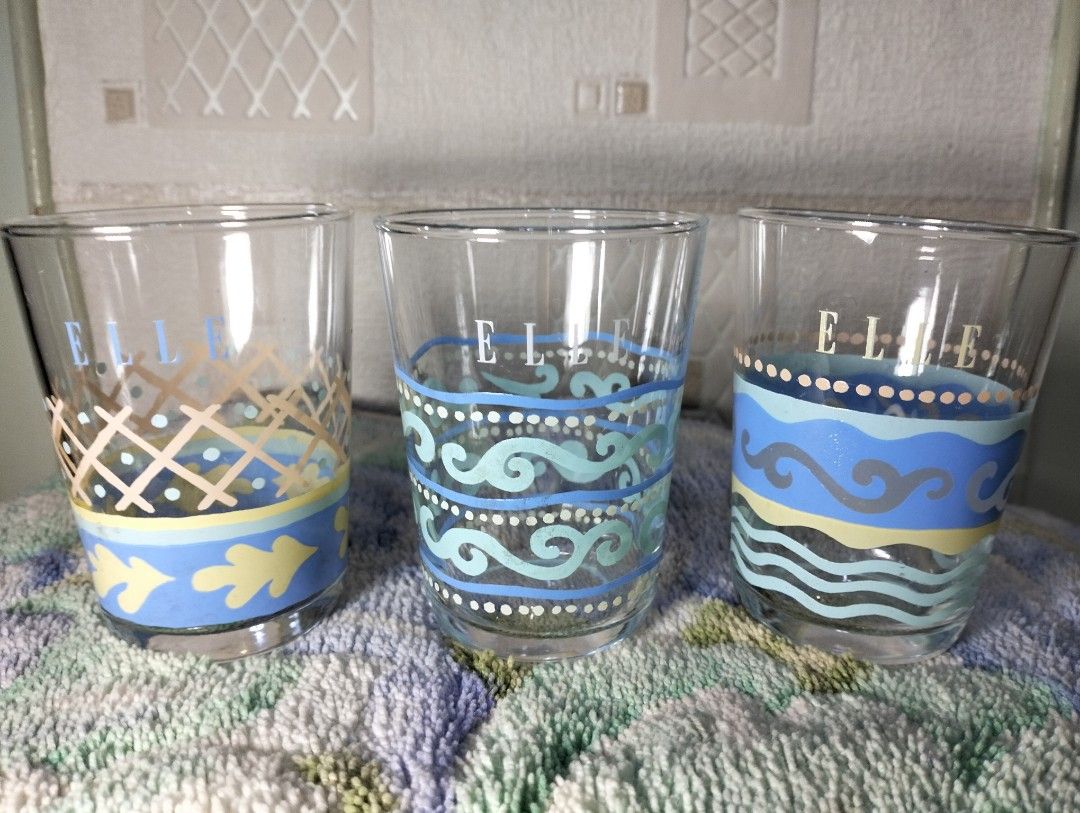 ELLE Decorative Drinking Glasses ( Assorted Designs ) (Category: Pitchers & Dispensers) located in Pasig City. Submitted by Unikko75 (Listing ID 1294935764, Image 1). Description: ELLE Decorative Drinking Glasses Assorted Designs 3 Glasses in 1 Price Size : 3.5 X 2.5 Inches Price : 450. Note : Glasses are never been used. No box..