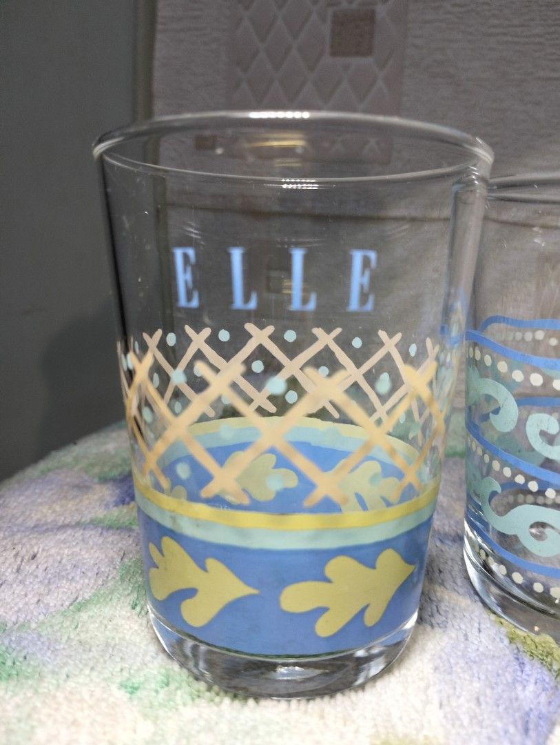 ELLE Decorative Drinking Glasses ( Assorted Designs ) (Category: Pitchers & Dispensers) located in Pasig City. Submitted by Unikko75 (Listing ID 1294935764, Image 3). Description: ELLE Decorative Drinking Glasses Assorted Designs 3 Glasses in 1 Price Size : 3.5 X 2.5 Inches Price : 450. Note : Glasses are never been used. No box..