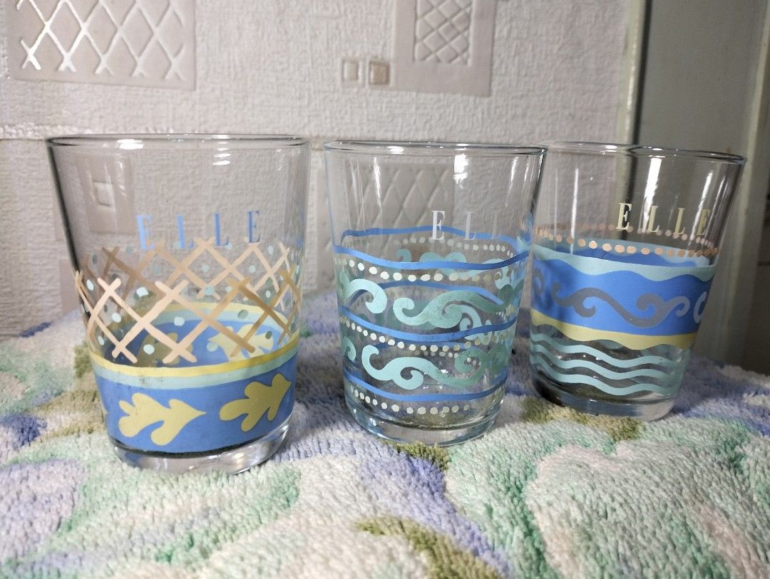ELLE Decorative Drinking Glasses ( Assorted Designs ) (Category: Pitchers & Dispensers) located in Pasig City. Submitted by Unikko75 (Listing ID 1294935764, Image 2). Description: ELLE Decorative Drinking Glasses Assorted Designs 3 Glasses in 1 Price Size : 3.5 X 2.5 Inches Price : 450. Note : Glasses are never been used. No box..