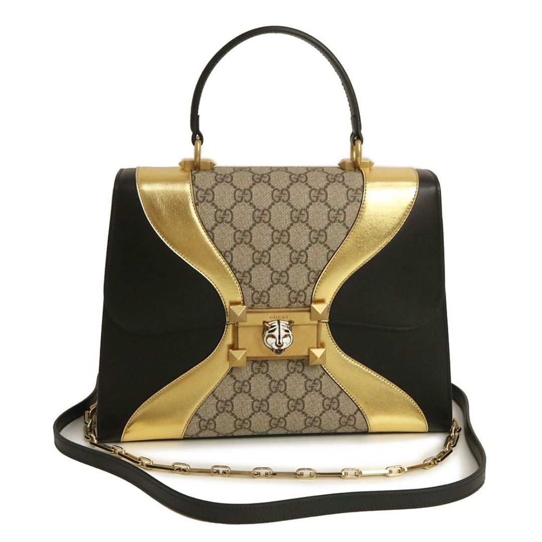 Gucci cat head top handle 2WAY chain shoulder handbag calfskin leather black gold beige black gold gold hardware