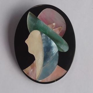 Lacquered Wood with Mother-of-Pearl Inlay Brooch
