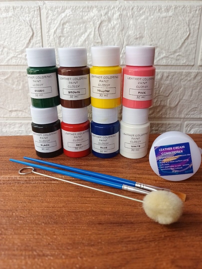 Leather Coloring Paint Set (Category: Craft Supplies & Tools) located in Antipolo. Submitted by keanqd (Listing ID 1294958416, Image 2). Description: Leather Coloring Paint for Bags and Shoes 30 ml each color - red - black - blue - green - pink - yellow - brown - white 1 dauber and 2 Paint brush , 20 gms leather conditioner shipping c/o buyer.