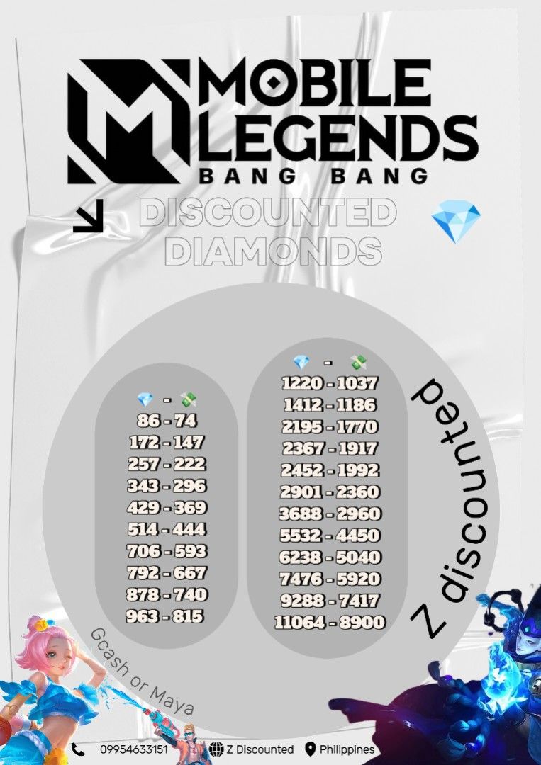 Mobile Legends - Discounted Diamonds (Category: Others) located in Cavite. Submitted by _zeuskhalifa (Listing ID 1068107633, Image 1). Description: • Direct Top up sa Account mo. • Basa sa Price nsa right side. • Legit 100% Fast transaction. Mode of Payment: Gcash.