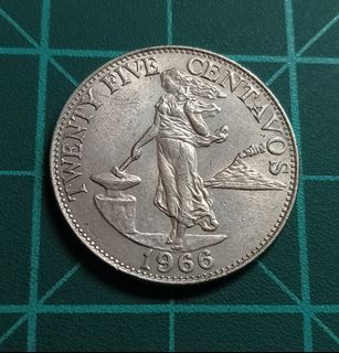 Philippines 1966 25 Centavos coin English series (London, England mint version 8 smoke rings)