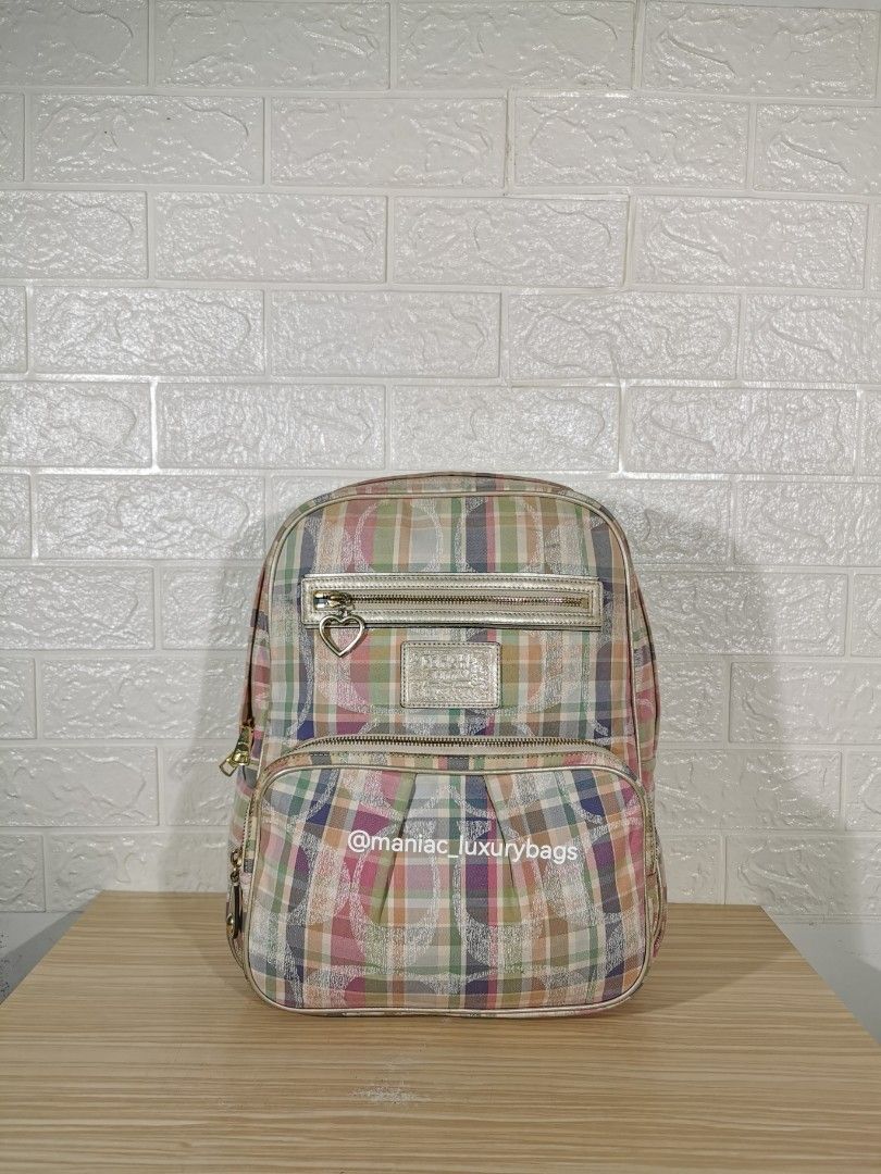 Preloved Backpack COACH *Poppy Multi Color Madras Backpack, Fesyen Wanita,  Tas & Dompet di Carousell